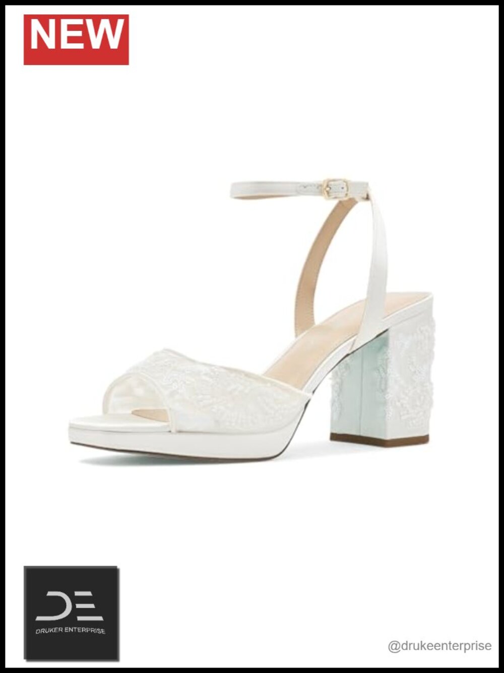 Heeled Sandals with Ankle Strap, Block Heel, Platform, Mesh Upper, Buckle